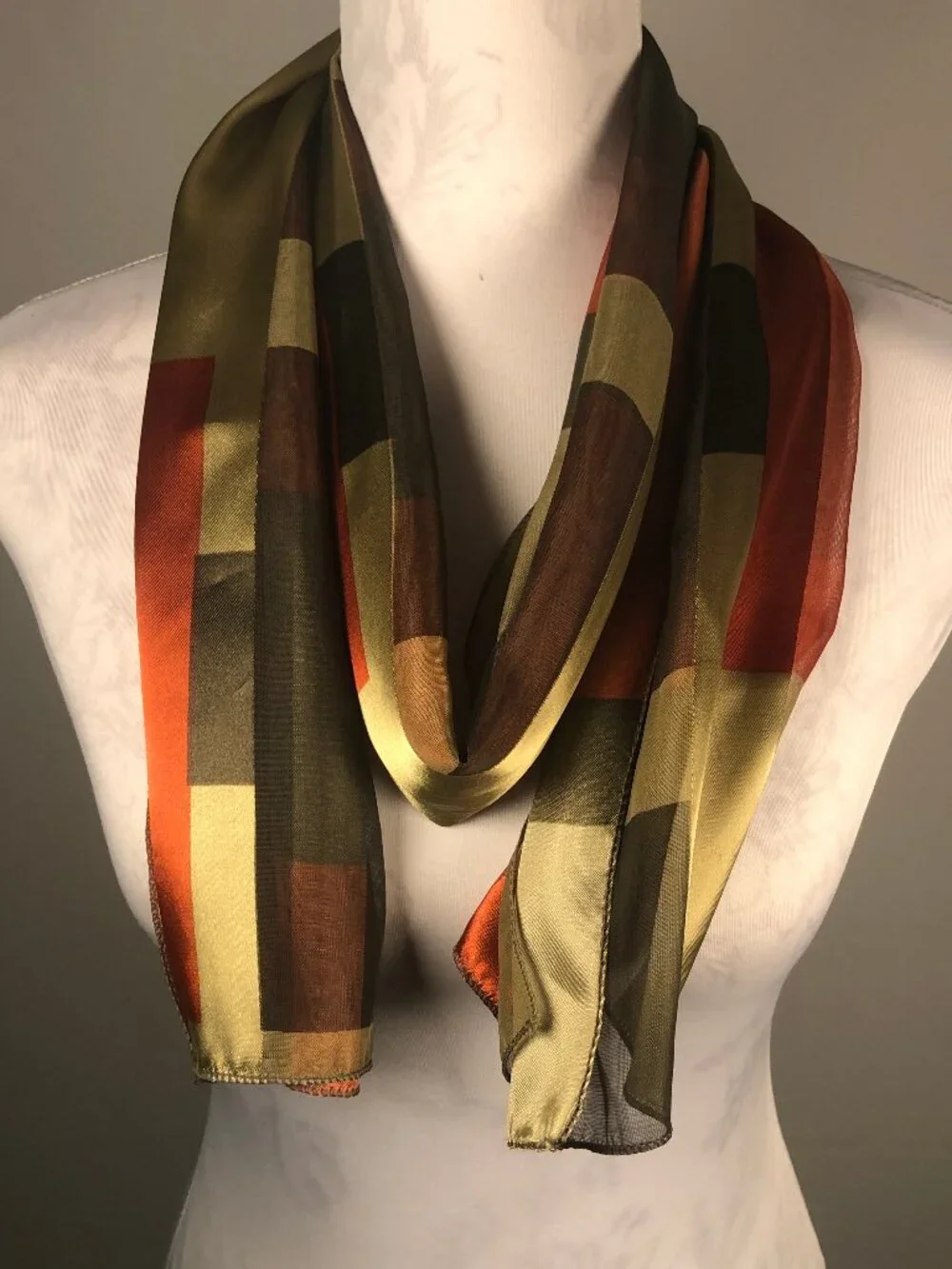 Vintage Silk Feel Geometric Chiffon Scarf — Art Deco Quiet Luxury Wrap